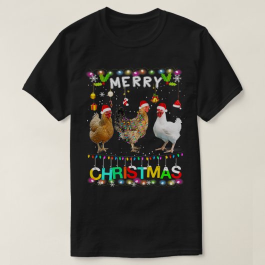 メリークリスマスチキンサンタハットライトクリスマスおもしろい Tシャツ (デザイン正面)