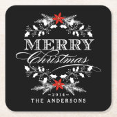 メリークリスマスチャルクボードホリーリースタイポグラフィ スクエアペーパーコースター (正面)