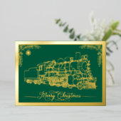 メリークリスマスチョーチョ列車グリーン金ゴールド 箔シーズンカード (立ち正面)