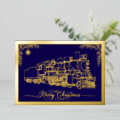 メリークリスマスチョーチョ列車ミッドナイトブルー金ゴールド 箔シーズンカード (立ち正面)