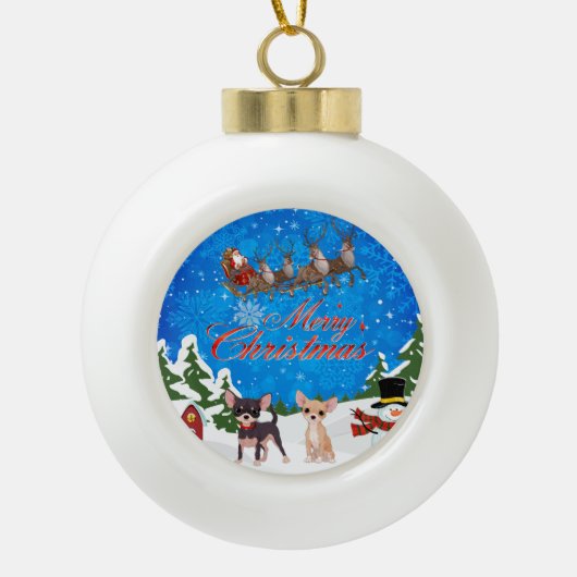 メリークリスマスチワワとサンタ セラミックボールオーナメント (正面)