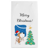 メリークリスマスツリーかわいい子犬サンタハット スモールペーパーバッグ (裏面)