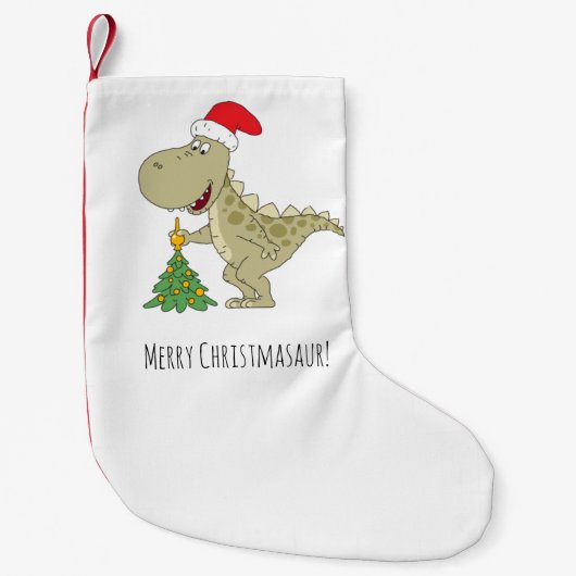 メリークリスマスツリーかわいい恐竜サンタハット スモールクリスマスストッキング (正面)