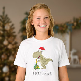 メリークリスマスツリーかわいい恐竜サンタハット Tシャツ
