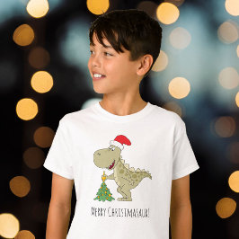 メリークリスマスツリーかわいい恐竜サンタハット Tシャツ
