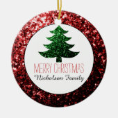 メリークリスマスツリーが赤い緑に輝く名前 セラミックオーナメント (正面)