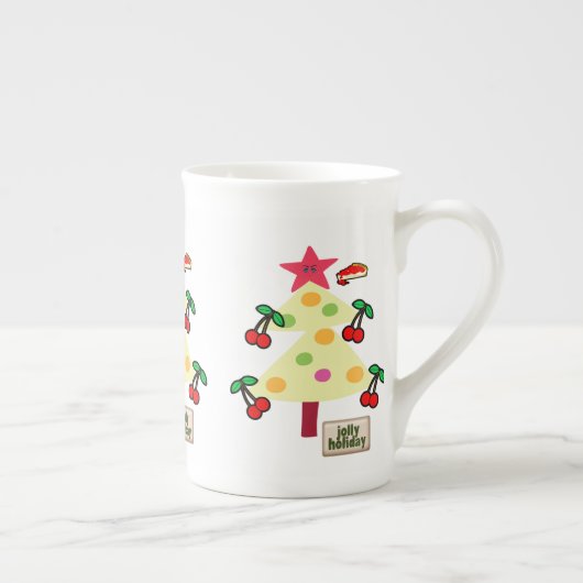 メリークリスマスツリーすてきホリデーさくらんぼ ボーンチャイナマグカップ (右)