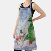 メリークリスマスツリーと霜の降りた雪だるまウォーター色 エプロン (インサイチュ)