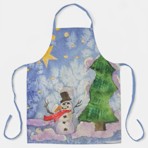 メリークリスマスツリーと霜の降りた雪だるまウォーター色 エプロン