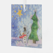 メリークリスマスツリーと霜の降りた雪だるまウォーター色 ガラスオーナメント (正面左)