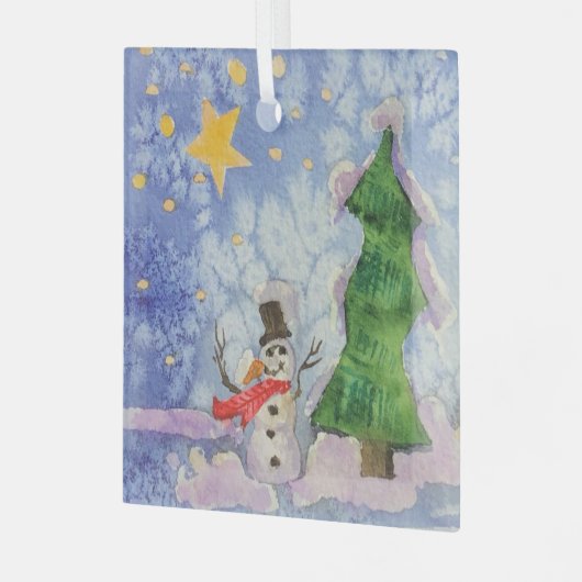 メリークリスマスツリーと霜の降りた雪だるまウォーター色 ガラスオーナメント (正面左)