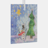 メリークリスマスツリーと霜の降りた雪だるまウォーター色 ガラスオーナメント (正面右)