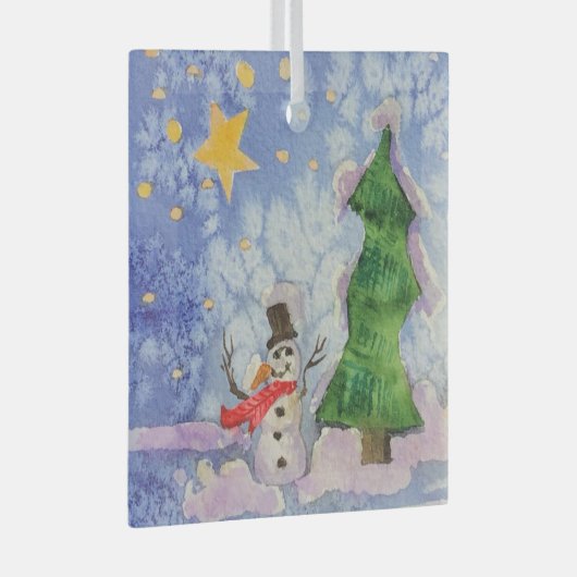 メリークリスマスツリーと霜の降りた雪だるまウォーター色 ガラスオーナメント (正面右)