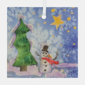 メリークリスマスツリーと霜の降りた雪だるまウォーター色 ガラスオーナメント (裏面)