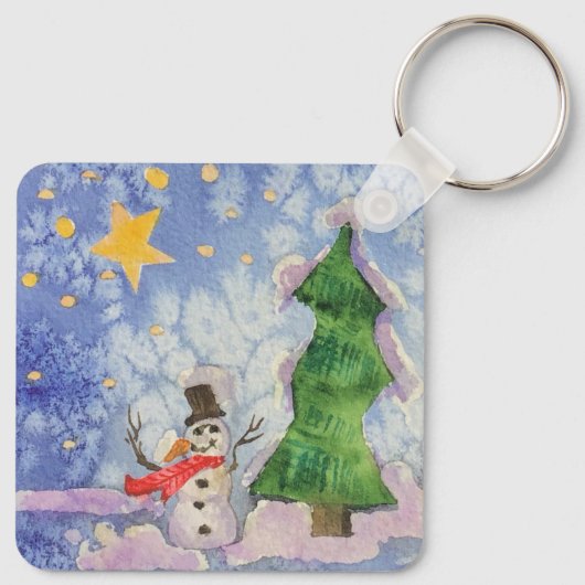 メリークリスマスツリーと霜の降りた雪だるまウォーター色 キーホルダー (裏面)