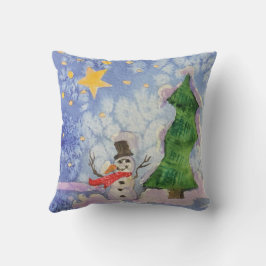 メリークリスマスツリーと霜の降りた雪だるまウォーター色 クッション