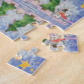 メリークリスマスツリーと霜の降りた雪だるまウォーター色 ジグソーパズル (側面)