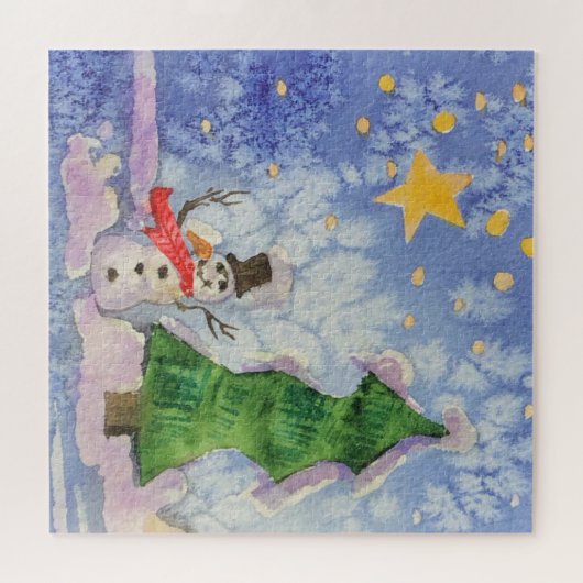 メリークリスマスツリーと霜の降りた雪だるまウォーター色 ジグソーパズル (横)