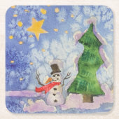 メリークリスマスツリーと霜の降りた雪だるまウォーター色 スクエアペーパーコースター (正面)