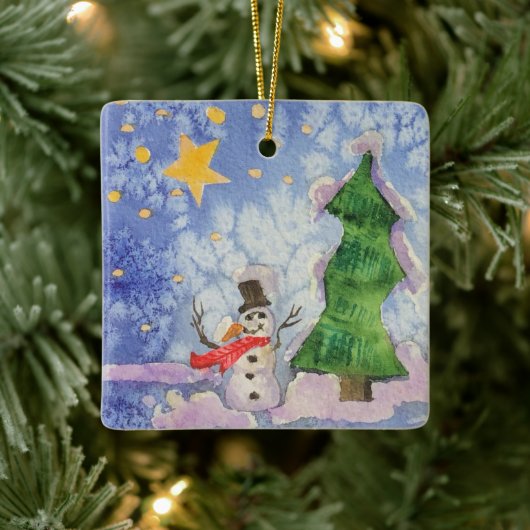 メリークリスマスツリーと霜の降りた雪だるまウォーター色 セラミックオーナメント (ツリー)