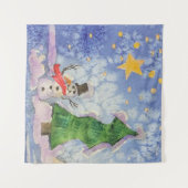 メリークリスマスツリーと霜の降りた雪だるまウォーター色 タペストリー (正面(横))