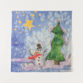 メリークリスマスツリーと霜の降りた雪だるまウォーター色 タペストリー (正面)