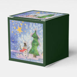 メリークリスマスツリーと霜の降りた雪だるまウォーター色 フェイバーボックス