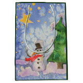 メリークリスマスツリーと霜の降りた雪だるまウォーター色 ミディアムペーパーバッグ (正面)