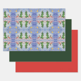 メリークリスマスツリーと霜の降りた雪だるまウォーター色 ラッピングペーパーシート