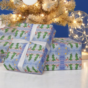 メリークリスマスツリーと霜の降りた雪だるまウォーター色 ラッピングペーパー