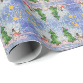 メリークリスマスツリーと霜の降りた雪だるまウォーター色 ラッピングペーパー (ロールコーナー)