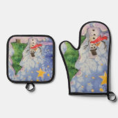 メリークリスマスツリーと霜の降りた雪だるまウォーター色 鍋つかみ&鍋敷きセット (正面)