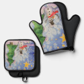 メリークリスマスツリーと霜の降りた雪だるまウォーター色 鍋つかみ&鍋敷きセット (正面/裏面)