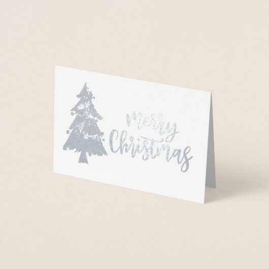 メリークリスマスツリーのシルバーカリグラフィスクリプト 箔カード (正面)