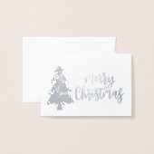 メリークリスマスツリーのシルバーカリグラフィスクリプト 箔カード (封筒付き正面)