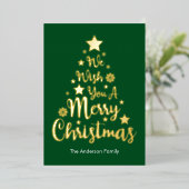 メリークリスマスツリーの形状グリーン 箔シーズンカード (立ち正面)