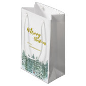 メリークリスマスツリーの森のモダン金ゴールドスクリプト休日 スモールペーパーバッグ (正面アングル)
