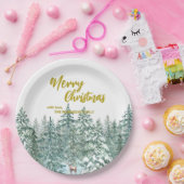 メリークリスマスツリーの森のモダン金ゴールドスクリプト休日 ペーパープレート (パーティー)