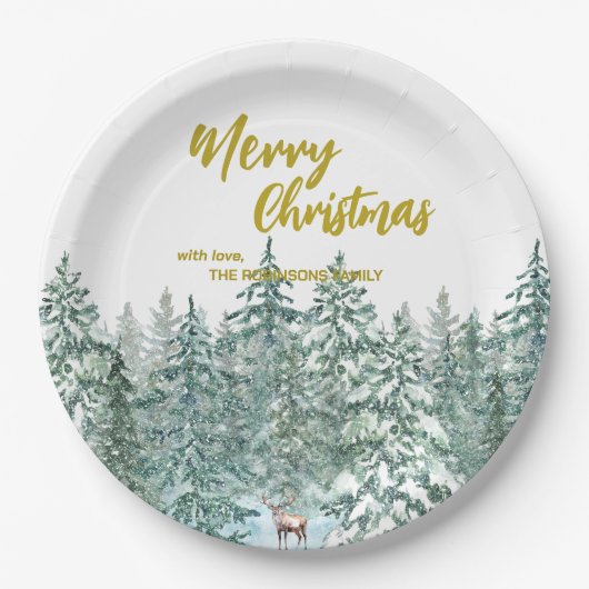 メリークリスマスツリーの森のモダン金ゴールドスクリプト休日 ペーパープレート (正面)