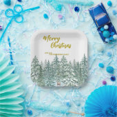 メリークリスマスツリーの森のモダン金ゴールドスクリプト休日 ペーパープレート (パーティー)