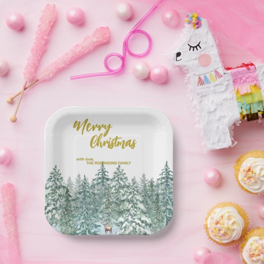 メリークリスマスツリーの森のモダン金ゴールドスクリプト休日 ペーパープレート (パーティー)