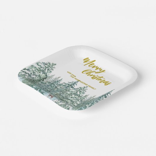 メリークリスマスツリーの森のモダン金ゴールドスクリプト休日 ペーパープレート (傾斜あり)