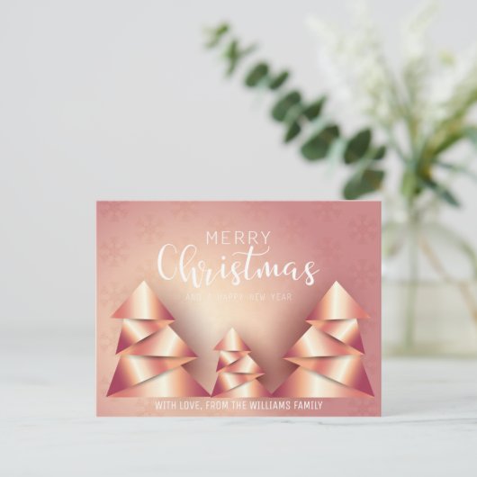 メリークリスマスツリーほこりっぽいピンクの家族写真 シーズンポストカード (スタンド正面)