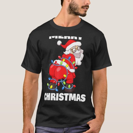 メリークリスマスツリーをマスクにサンタの回転 Tシャツ (正面)