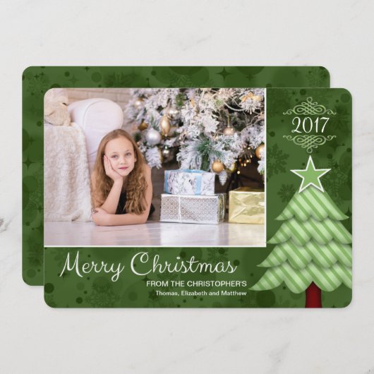 メリークリスマスツリーカスタムの写真/名前/日付 シーズンカード (正面/裏面)