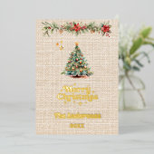メリークリスマスツリーガーランドベージュバーラップ金ゴールド 箔シーズンカード (立ち正面)