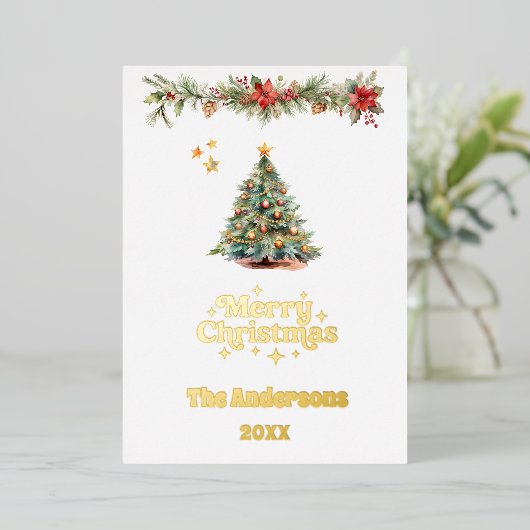 メリークリスマスツリーガーランド金ゴールド 箔シーズンカード (立ち正面)