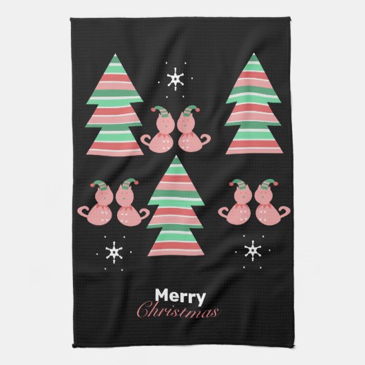 メリークリスマスツリーキャットパターン キッチンタオル (縦)