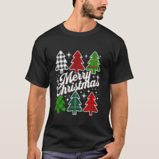 メリークリスマスツリークリスマスバッファロープレイドレッドホワイト Tシャツ