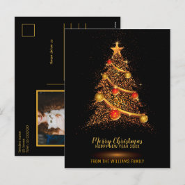 メリークリスマスツリーグリッターブラックファミリーフォト シーズンポストカード